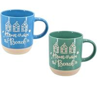 KandyToys Ceramic Mug, Beach Hut Design, 'Home is Where the Beach is', Glazed, 300ml, Blue or Green