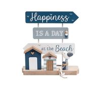KandyToys Wooden Beach Hut Sign Decoration, 'Happiness Is a Day at the Beach', Blue and White, 20x22cm