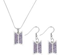 Kanfyyl BTS Necklace Earrings Set, Necklace and Earrings in Silver with Purple Sparkling Stones, Kpop Merch Jewellery for BTS Fans