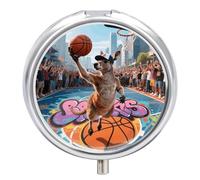 Kangaroo Dunking in Court Pill Box 3-Compartment Travel Pill Organizer Portable Round Medicine Case with Mirror Design for Vitamins, Jewelry & Essentials Durable Pocket Pillbox for Purse, Camping