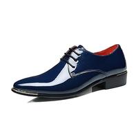 Kanggrei Dress Oxford Shoes for Men Lace Up Shiny Plain Toe Patent Leather Derby Shoes Anti-Slip Slip Resistant Rubber Sole Low Top Block Heel Classic(Blue,11 UK)