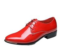 Kanggrei Dress Oxford Shoes for Men Lace Up Shiny Plain Toe Patent Leather Derby Shoes Anti-Slip Slip Resistant Rubber Sole Low Top Block Heel Classic(Red,9 UK)
