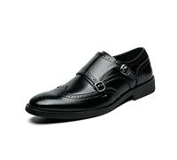 Kanggrei Dress Oxford Shoes for Men Slip On Pointed Toe Brogue Embossed Wingtips Double Monk Strap PU Leather Block Heel Casual(Black,9.5 UK)