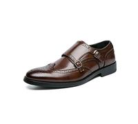 Kanggrei Dress Oxford Shoes for Men Slip On Pointed Toe Brogue Embossed Wingtips Double Monk Strap PU Leather Block Heel Casual(Brown,10.5 UK)