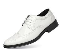 Kanggrei Formal Dress Shoes for Men Pointed Toe Brogue Embossed Wing tip Patent Leather Lace Up Party Derby Shoes(Color:White,Size:7 UK)