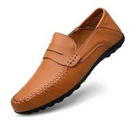 Kanggrei Loafers for Men Round Toe Vegan Leather Slip-on Penny Loafers Flat Heel Flexible Outdoor(Orange,10 UK)
