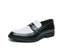Kanggrei Men Two Tone Penny Loafer Slip On Dress Patchwork PU Leather Formal Shoes Pull on Classic Casual Business Oxford Shoes(Color:White Black,Size:7.5 UK)