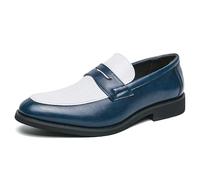 Kanggrei Men Two Tone Penny Loafer Slip On Dress Patchwork PU Leather Formal Shoes Pull on Classic Casual Business Oxford Shoes(Color:White Blue,Size:10 UK)