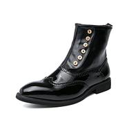 Kanggrei Mens Formal Ankle Boots Two Tone Wingtip With Fixed Buttons Patent Genuine Leather Slip On Anti-slip Waterproof Men's Oxford Boot(Black,7 UK)