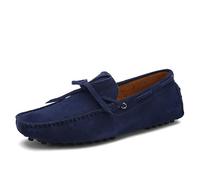 Kanggrei Men's Loafers Square Toe Nubuck Leather Moccasins Driving Loafers Anti-slip Flexible Flat Heel Party Slip-ons(Dark Blue,11 UK)