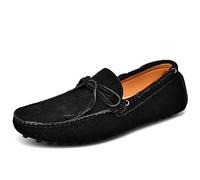 Kanggrei Men's Loafers Square Toe Nubuck Leather Moccasins Driving Loafers Anti-slip Flexible Flat Heel Party Slip-ons(Black,10.5 UK)