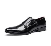 Kanggrei Oxford Shoes for Men Slip On Double Monk Strap Cap Toe Leather Rubber Sole Anti-Slip Non Slip Resistant Low Top Outdoor(Black,6 UK)
