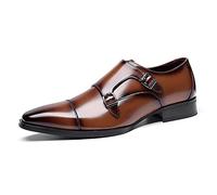 Kanggrei Oxford Shoes for Men Slip On Double Monk Strap Cap Toe Leather Rubber Sole Anti-Slip Non Slip Resistant Low Top Outdoor(Light Brown,9 UK)