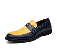 Kanggrei Penny Loafers for Men Slip On Round Toe Tone Patchwork PU Leather Low Top Non Slip Casual Dress Shoes(Yellow Blue,9 UK)