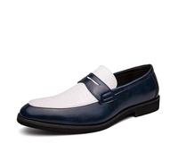 Kanggrei Penny Loafers for Men Slip On Round Toe Tone Patchwork PU Leather Low Top Non Slip Casual Dress Shoes(White Blue,8 UK)