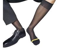 KANGQL Mens Nylon Sheer Fine Striped Dress Socks Business Socks High Elastic See Through Elegant Formal Dress Tube Stockings, Gold and Black Strip, As Picture Shows
