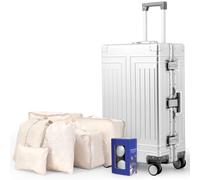 KANGSHILU All Aluminum Suitcase,Equipped with Detachable Wheels Premium Lightweight Metal zipperless Suitcase,Provide Spare Wheels、TSA Key、7-Piece Toiletry Set (Silver, 26'')