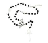 KANGSHUN Gothic Rosary Necklace with Black Beads, Silver Cross Pendant and Bat Charm, Religious Jewelry (bat)