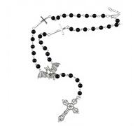 KANGSHUN Gothic Rosary Necklace with Black Beads, Silver Cross Pendant and Bat Charm, Religious Jewelry