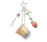 KANGSHUN Pudding Cup Keychain with Star Clip, Strawberry Charm, Spoon, Flower, Wing, Spiral Beads, Silver Tone, Yellow, Small Decorative Accessory
