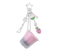 KANGSHUN Pudding Cup Keychain with Star Clip, Strawberry Charm, Spoon, Flower, Wing, Spiral Beads, Silver Tone, Pink, Small Decorative Accessory