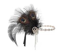 KANLVU 1920s Inspired Showgirl Headpiece with Curling Ostrich Feather Headband and Art Deco Filigree Design Headpiece for Flapper Costumes, Gatsby Headband for Women(Black)