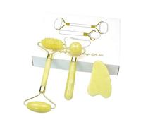 KANLVU 3-In-1 Natural Jade Roller and Gua Sha Facial Kit, Dual-Head Massager for Eyes and Face, Anti-Aging Beauty Tool To Reduce Fine Lines, and Promote Lymphatic Drainage(Yellow)