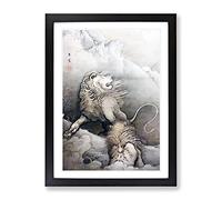 Kano Hogai Lions Asian Japanese Framed Wall Art Print, Ready to Hang Picture for Living Room Bedroom Home Office Décor, Black A3 (34 x 46 cm)