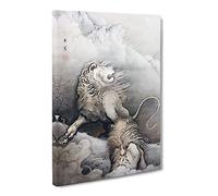Kano Hogai Lions Canvas Print | Gallery Wrapped 30mm Frame Wall Art | 30x20 inches | Ready to Hang | Asian Animal Picture | Living Room Bedroom Lounge Office