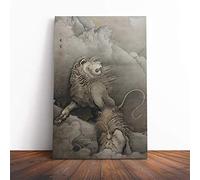 Kano Hogai Lions Japanese Oriental Canvas Print | Gallery Wrapped 30mm Frame Wall Art | 24x16 inches | Ready to Hang | Asian Animal Picture | Living Room Bedroom Lounge Office