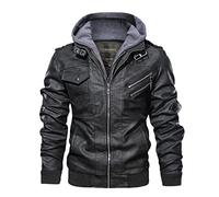 Kanpcelns Mens PU Hooded Jackets Coats Motorcycle Biker Faux Leather Jacket Classic Winter Jackets Hood Black M