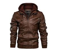 Kanpcelns Mens PU Hooded Jackets Coats Motorcycle Biker Faux Leather Jacket Classic Winter Jackets Hood coffee XL