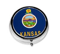 Kansas State Flag Round Mini Pill Box: 3-Compartment Portable Metal Pill Organizer with Snap Closure, Ideal for Daily Travel Use
