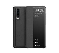 KANSi compatible for Huawei P30 Case, Smart View Flip PU Leather Case Cover + Tempered Glass - Black