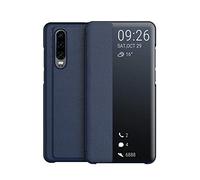KANSi compatible for Huawei P30 Case, Smart View Flip PU Leather Case Cover + Tempered Glass - Navy