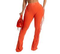 KANSOON Fringe Pants for Women High Waisted Flare Leggings | Washed stretch cotton blend, elastic waist, fitted through hips and thighs, side fringe, cowgirl looks, festivals, concerts
