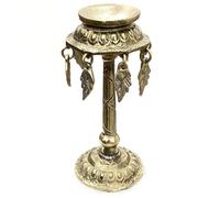 KANTIPUR Handmade Brass Miniature Offering Stand - Nepalese Buddhist Altar Decor Centerpiece - Small Decorative Statue with Sacred Hanging Leaves - Zen Meditation Figurine, 10cm Tall