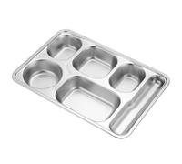 Kanuothbon 2 Pack Stainless Steel Divided Dinner Plates, 13.1x9 Inches Snack Serving Plate with 5 Compartment, Metal Food Trays for Adults, Diet Food Portion Control, with Cutlery Card Slot