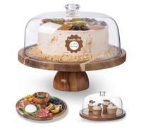 Kanwone Acacia Wood Cake Stand with Acrylic Lid - 12in Cake Plate, Multi-Functional Dessert Table Display Set, Charcuterie Board, Cake Holder with Dome, Detachable Design