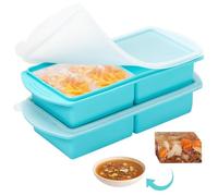 Kanzith 2 Pack Silicone Soup Containers and Freezer Moulds with Lid, Large Silicone Cube Food Freezer Trays for Batch Cooking, Broth, Sauce and Ice (Teal)