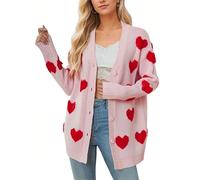 KAOBIO Women Love Heart Graphic Oversized Sweaters Valentine Cute Cardigan Open Front Button Kawaii Preppy Aesthetic Clothes, Pink, M