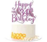Kaoenla Butterfly Happy 34th Birthday Cake Topper-3D Butterfly theme 34 years old/34th Birthday/Anniversary Party Cake Decor Purple Glitter