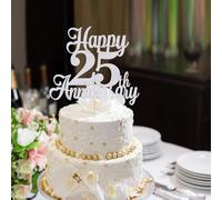 Kaoenla Happy 25th Anniversary Cake Topper - Silver Wedding Party Decor，25th/twenty-five marriage/Company Anniversary，25 Birthday Party Decor