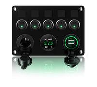KAOLALI 12V/24V Toggle Switch Panel, Dual USB Charger Port 4.2A, Lighter Socket, Digital Voltmeter Display, Car Rocker Switches IP65 Waterproof 5 Gang Switch Panel for Car Boat RV Truck Yacht(Green)