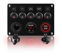 KAOLALI 12V/24V Toggle Switch Panel, Dual USB Charger Port 4.2A, Lighter Socket, Digital Voltmeter Display, Car Rocker Switches IP65 Waterproof 5 Gang Switch Panel for Car Boat RV Truck Yacht(Red)