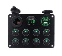 KAOLALI 8 Gang Toggle Switch Panel, IP65 Waterproof 12V/24V Switch Panel with 4.2A Dual USB Charger Port, Lighter Socket, Digital Voltmeter Display for RV Car Boat Vehicles Truck, Green