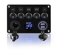 KAOLALI IP65 Waterproof 12V/24V Switch Panel, Toggle Switch Panel, Dual USB Charger Port 4.2A, Lighter Socket, Digital Voltmeter Display, Car Rocker Switches for Car Boat RV Truck Campervan(Blue)