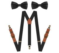Kaosynaptor Men's Vintage Braces with 2 PCS Bow Ties Set, Vegan Leather Braces for Men Trousers with 3 Bronze Clips, Retro Suspenders for Wedding Business Adjustable Elastic Y Shape (Black)