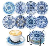 KAOTPO Pack of 8 Diamond Painting Coasters, Blue Flower Motif, DIY Diamond Art Coaster Kit with Holder, Diamond Cup Coasters for Beginners/Adults (Blue)