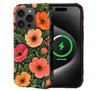 Kapadiy Magnetic Case for iPhone 15 Pro Case,Bold Floral Pink Orange Flowers Design Compatible with MagSafe,Upgrade Hybrid Dual Protection Silicone+ Hard PC Shockproof Full Body Cover for Men Women